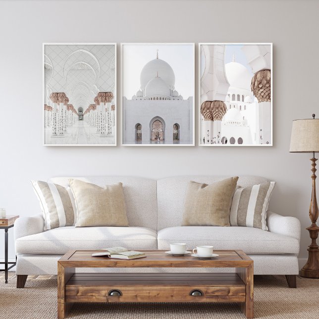 White and Rose Gold Mosque Wall Art Set of 3 (White and Rose Gold Mosque Wall Art Set of 3 in a neutral living room)