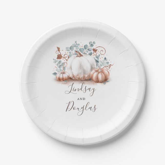 White and Rose Gold Pumpkin Fall Harvest Paper Plates (Front)