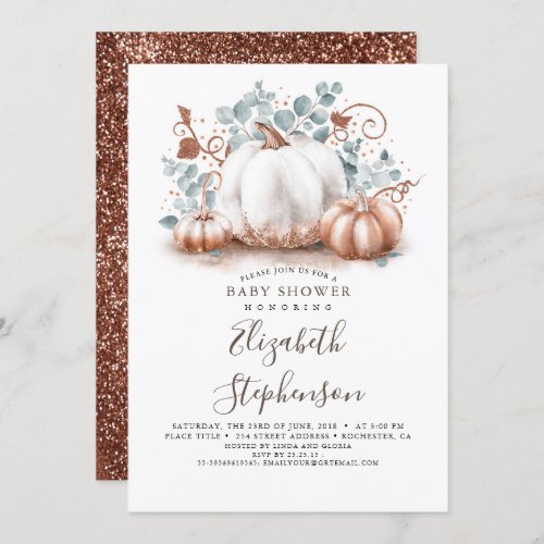 White and Rose Gold Pumpkins Fall Baby Shower Invitation