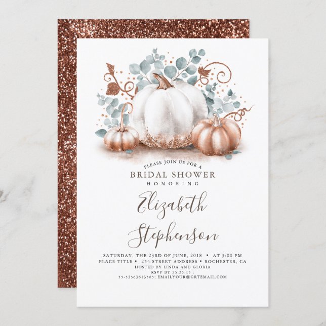 White and Rose Gold Pumpkins Fall Bridal Shower Invitation (Front/Back)