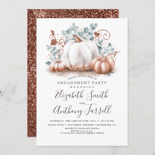 White and Rose Gold Pumpkins Fall Engagement Party Invitation