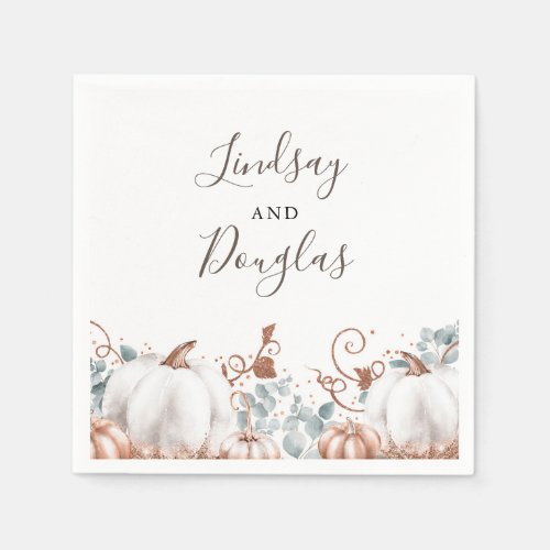 White and Rose Gold Pumpkins Fall Harvest Wedding Napkins