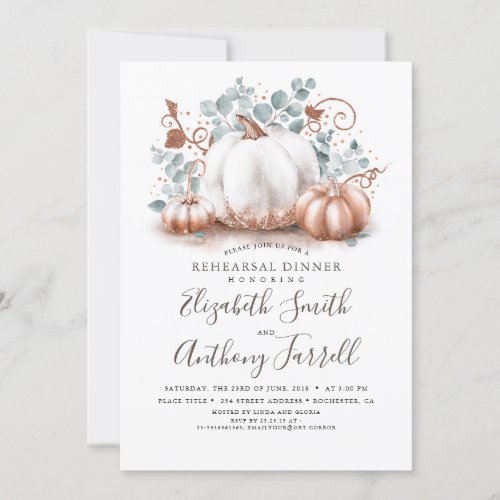 White and Rose Gold Pumpkins Fall Rehearsal Dinner Invitation