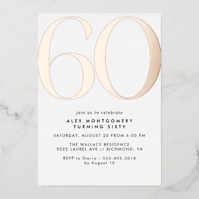 White and Rose Gold | Simple Glam 60th Birthday Foil Invitation (Front)