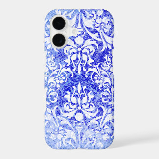 White and Royal Blue Grunge Vintage Damask iPhone 17 Case