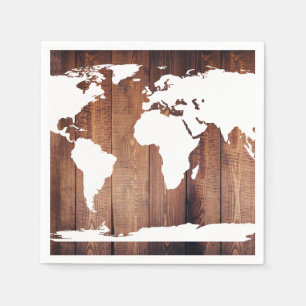 White and Rustic Dark Wood World Map Napkins