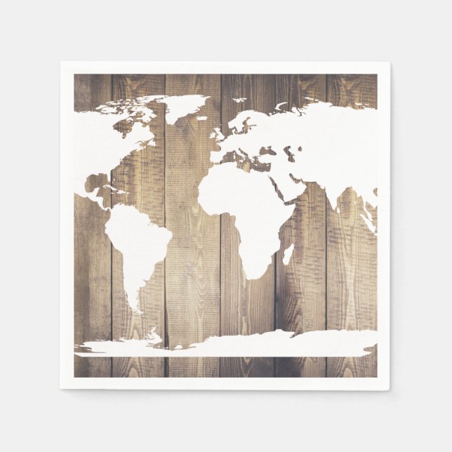 White and Rustic Wood World Map Napkins (Front)