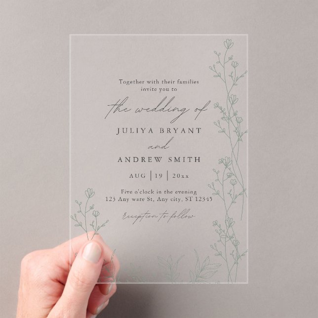 White and saga green script wedding acrylic invitations (Insitu (Handheld))