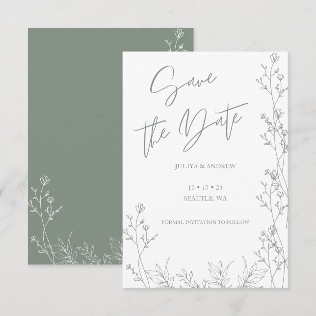 White and Saga green  wedding  Save The Date (Front/Back)