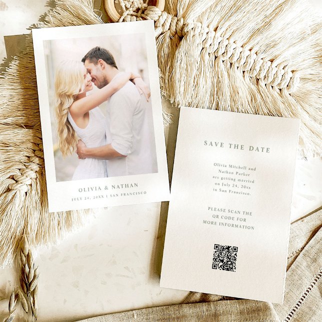 White and Sage Elegant Text and Photo QR Code Save The Date (Creator Uploaded)