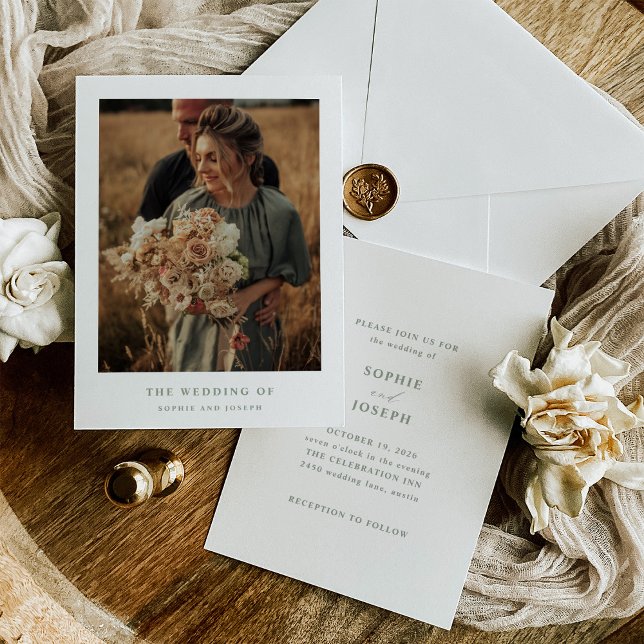 White and Sage Elegant Text and Photo | Wedding Invitation (Creator Uploaded)