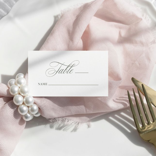 White and Sage Green | Classic Luxe Wedding Flat Place Card (Creator Uploaded)