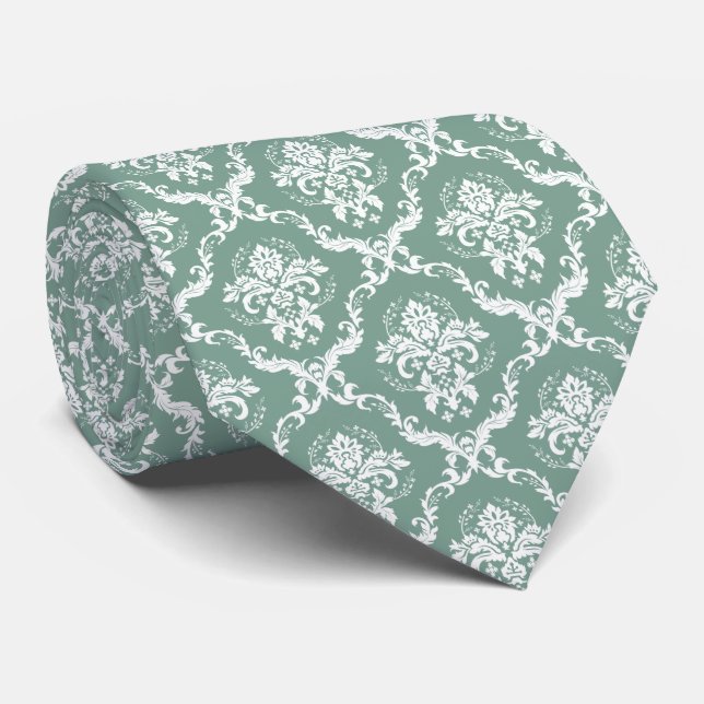 White and Sage Green Floral Damask Pattern Neck Tie (Rolled)