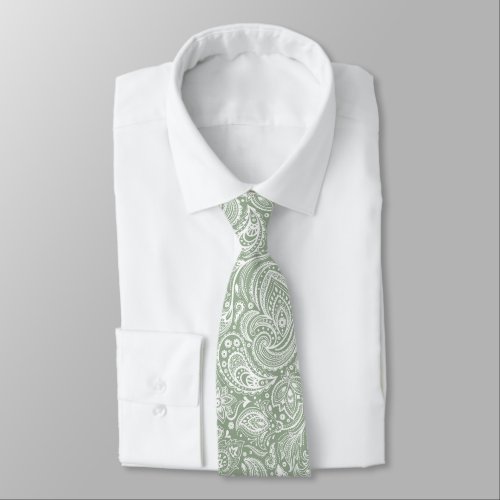 White And Sage Green Floral Paisley Pattern Neck Tie