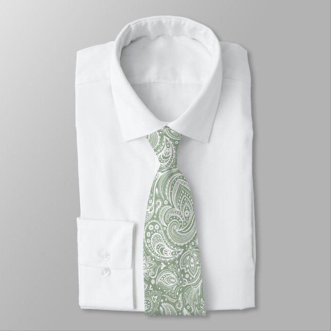 White And Sage Green Floral Paisley Pattern Neck Tie (Tied)