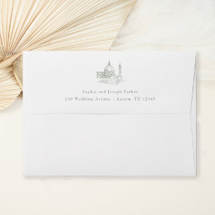 White and Sage Green Illustrated Italian Wedding Envelope