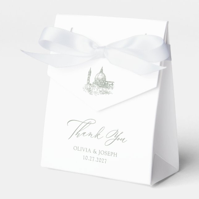White and Sage Green | Illustrated Italian Wedding Favor Boxes (Front Side)