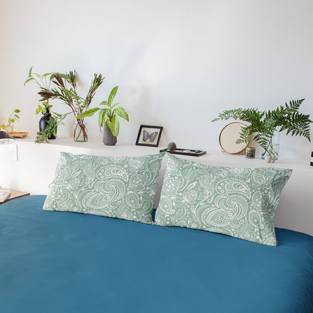 White and Sage-Green Paisley Pattern Pillow Case (Creator Uploaded)