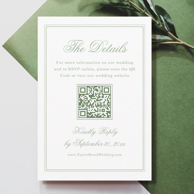 White and Sage Green Wedding Details Qr Code Enclosure Card (Creator Uploaded)