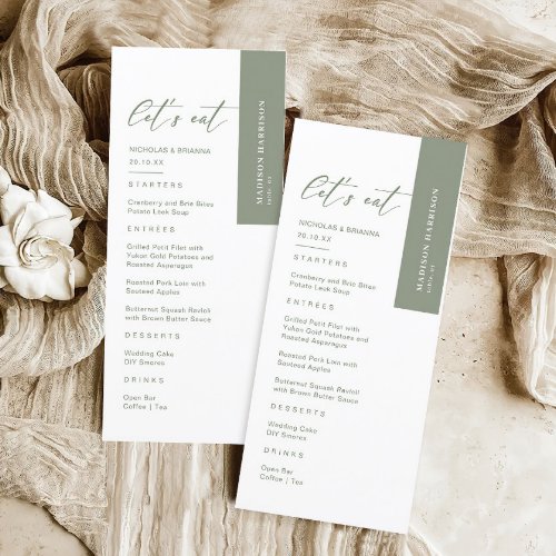 White and Sage Green Wedding Menu