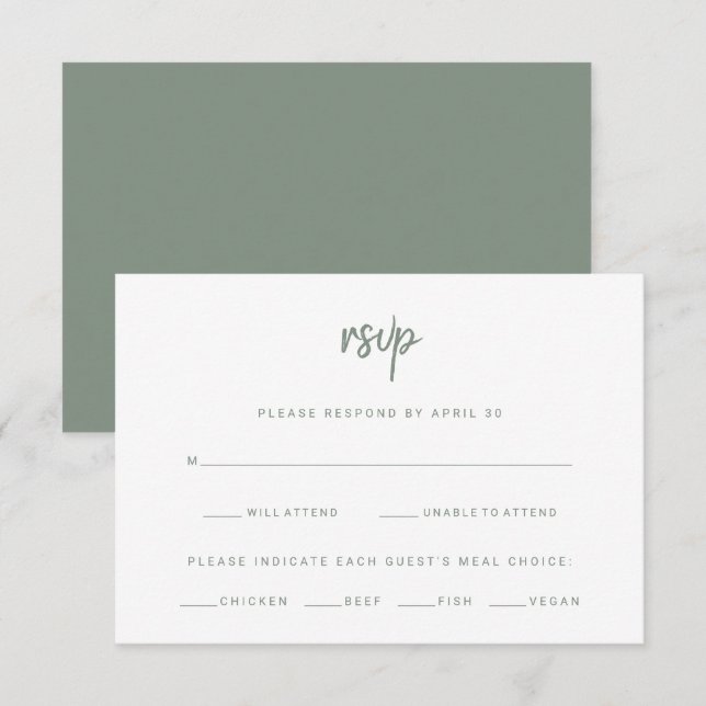 White and Sage Modern Script | Wedding Meal Choice RSVP Card (Front/Back)