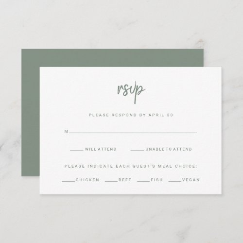 White and Sage Modern Script  Wedding Meal Choice RSVP Card