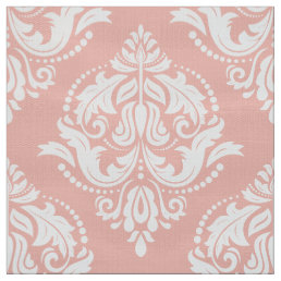 White And Salmon Pink Ornate Floral Damasks Fabric