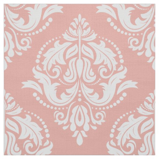 White And Salmon Pink Ornate Floral Damasks Fabric