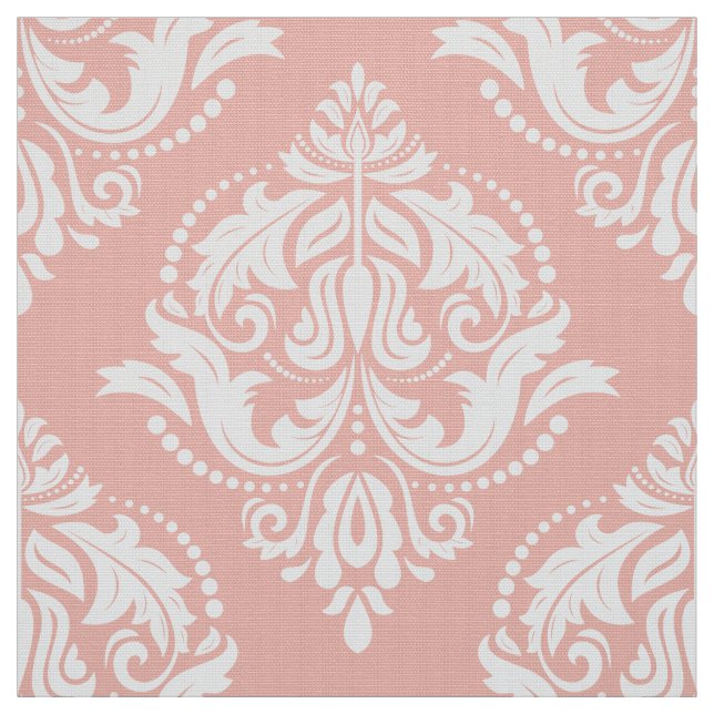 White And Salmon Pink Ornate Floral Damasks Fabric (Swatch)