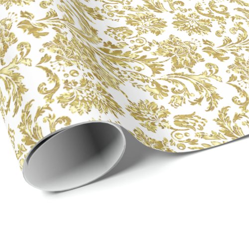 White And Shiny Gold Floral Damasks Pattern Wrapping Paper