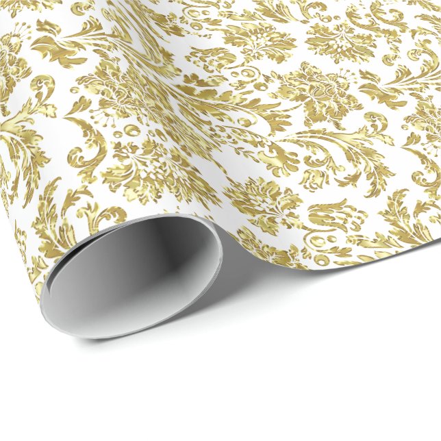 White And Shiny Gold Floral Damasks Pattern Wrapping Paper (Roll Corner)