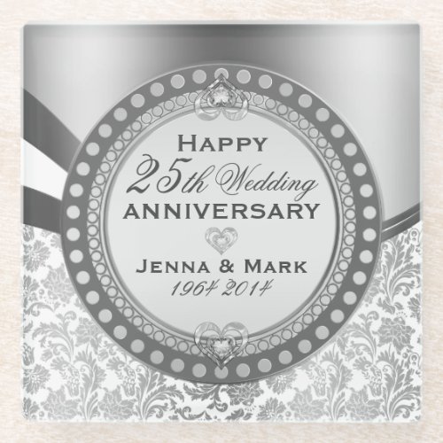 White And Silver 25th Wedding Anniversary Glass Coaster