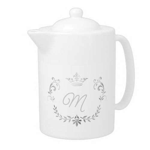 White and Silver Crown Crest Monogrammed  Teapot