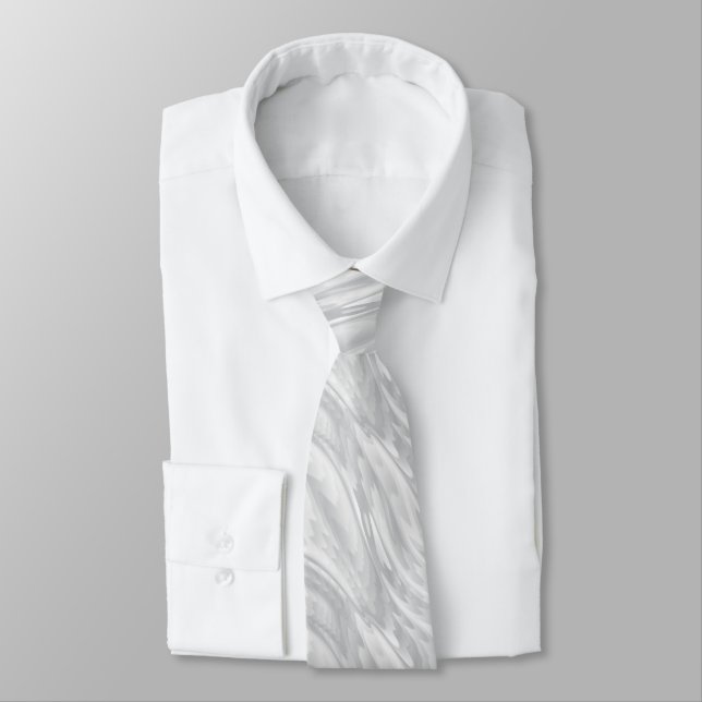 White and Silver Dust Silky Wave Pattern Neck Tie (Tied)