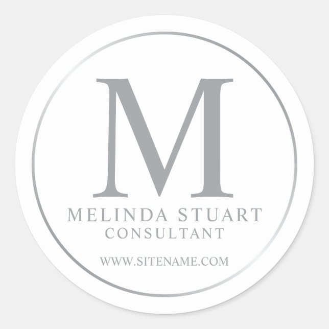 White and Silver Elegant Monogram Business Classic Round Sticker (Front)