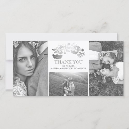 White and Silver Floral Wedding Thank You - White and silver peonies elegant photo wedding thank you cards