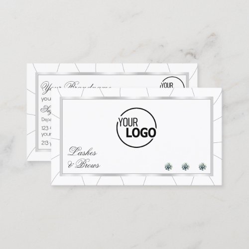 White and Silver Frame Modern with Diamonds  Logo Business Card