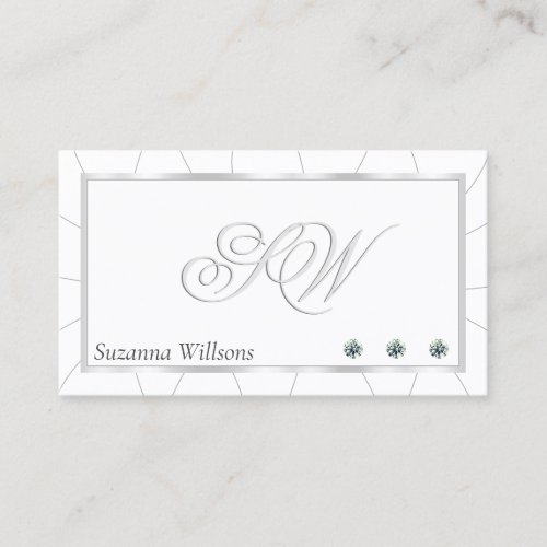 White and Silver Frame with Diamonds  Monogram Business Card