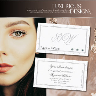White and Silver Frame with Diamonds & Monogram Business Card