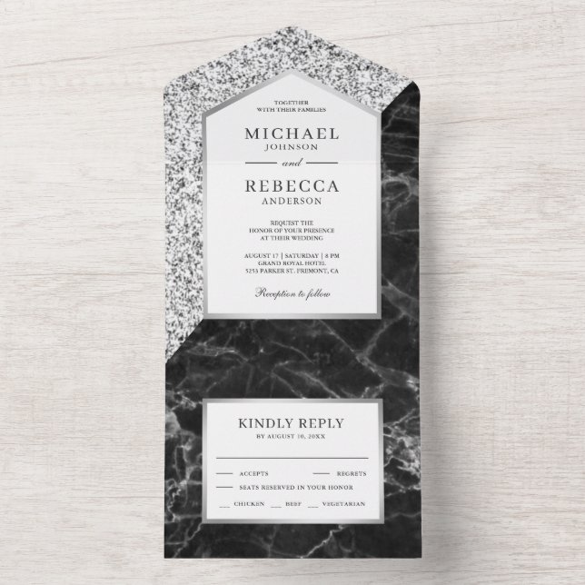 White and Silver Glitter Black Marble Wedding All In One Invitation (Inside)