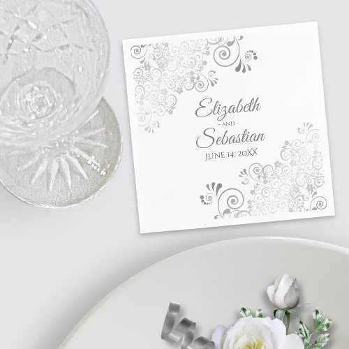 White and Silver Gray Frills Elegant Wedding Napkins