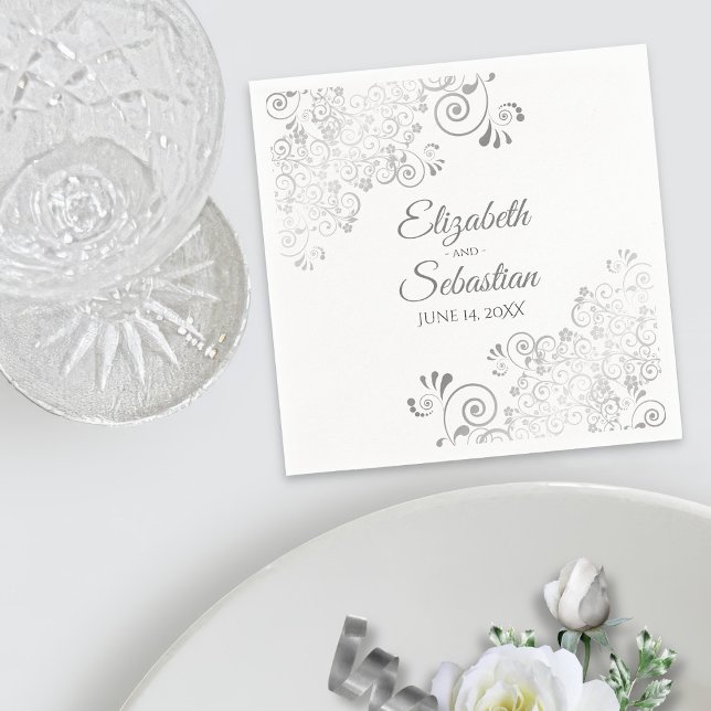 White and Silver Gray Frills Elegant Wedding Napkins (In Situ with Plate)
