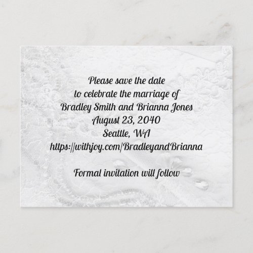 White and Silver Lace and Pearls on Satin Invitation Postcard
