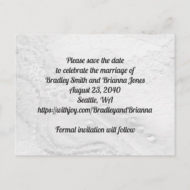 White and Silver Lace and Pearls on Satin Invitation Postcard (Front)