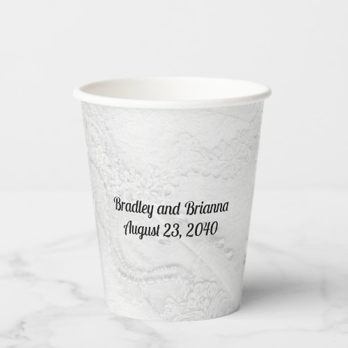 White and Silver Lace and Pearls on Satin Paper Cups