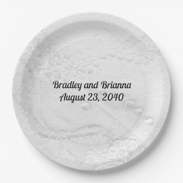 White and Silver Lace and Pearls on Satin Paper Plates (Front)
