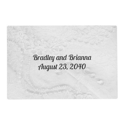 White and Silver Lace and Pearls on Satin Placemat