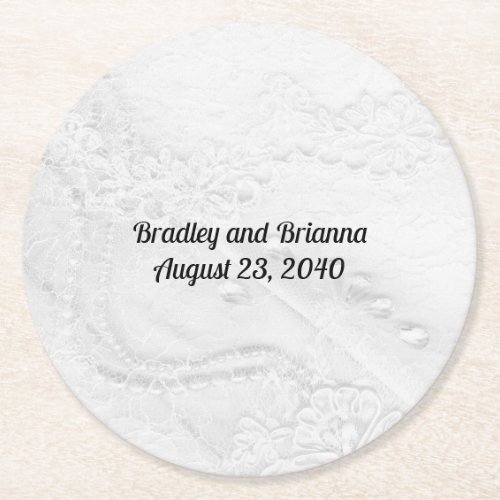 White and Silver Lace and Pearls on Satin Round Paper Coaster