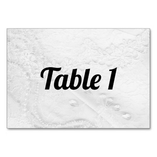 White and Silver Lace and Pearls on Satin Table Number