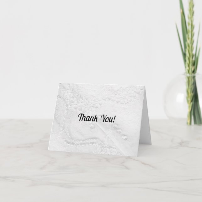 White and Silver Lace and Pearls on Satin Thank You Card (Front)